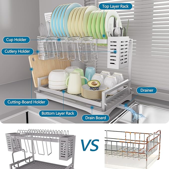 B-Land Dish Drying Rack: 2 Tier Dish Racks for Kitchen Counter - Large Rust Proof Dish Drying Rack with Aluminum - Detachable Dish Drainer Organizer with Utensil Holders Drainboard Silver