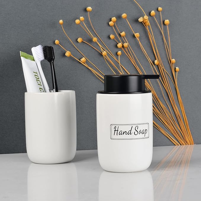 BosilunLife Foaming Soap Dispenser Set - White Ceramic Foam Hand Dispenser 12oz Soap Dispenser Set with Rust Proof Pump, 4Pcs Clear Stickers for Kitchen, Bathroom - 2 Pack-NeatNest