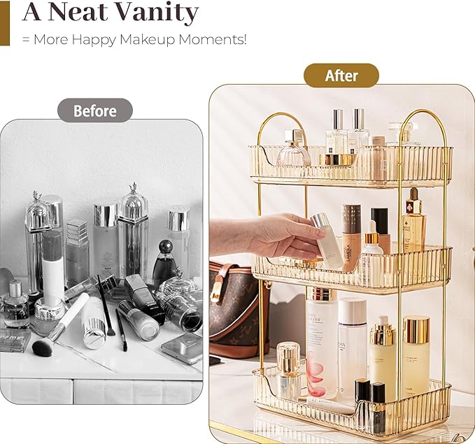 Bathroom Counter Organizer Countertop, 3 Tier Makeup Perfume Shelf Storage, Skincare Cosmetic Tray for Dresser Vanity - Gold-NeatNest