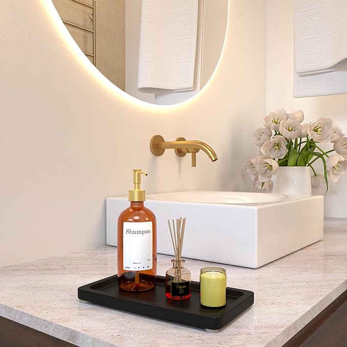 Black Bathroom Tray - Small Black Bamboo Wood Tray Decor for Vanity, Coffee Table, Cologne and Perfume Tray, Matte Black Bathroom Decor for Counter, Soap Dish, 9 inch-NeatNest