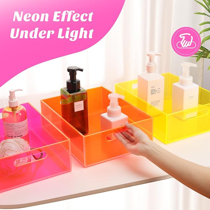 Acrylic Storage Bin Pantry Storage Container with Handles Kitchen Organizer Bin for Cabinet Cupboard Organization, Heavy Duty, 12.6 x 9.4 x 4'', Neon Pink