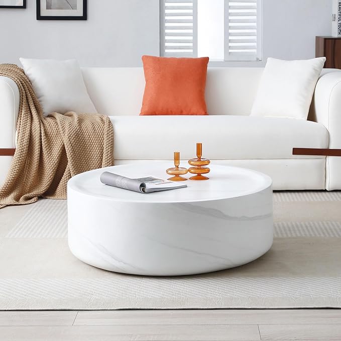 Marble Coffee Table, Modern Round Coffee Table, Circle Drum Coffee Tables, Fiberglass Center End Table for Living Room Apartment Office, No Assembly (31.49" Faux Marble White)