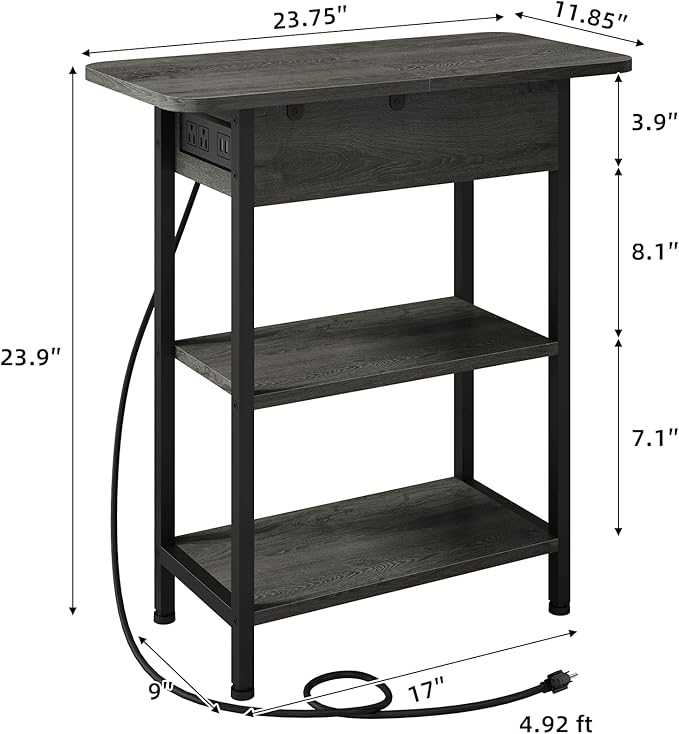 LIDYUK End Table with Charging Station, Flip Top Side Table with USB Ports and Outlets, Nightstand for Small Spaces, Bedside Tables with Storage Shelf for Living Room, Bedroom, Dark Grey