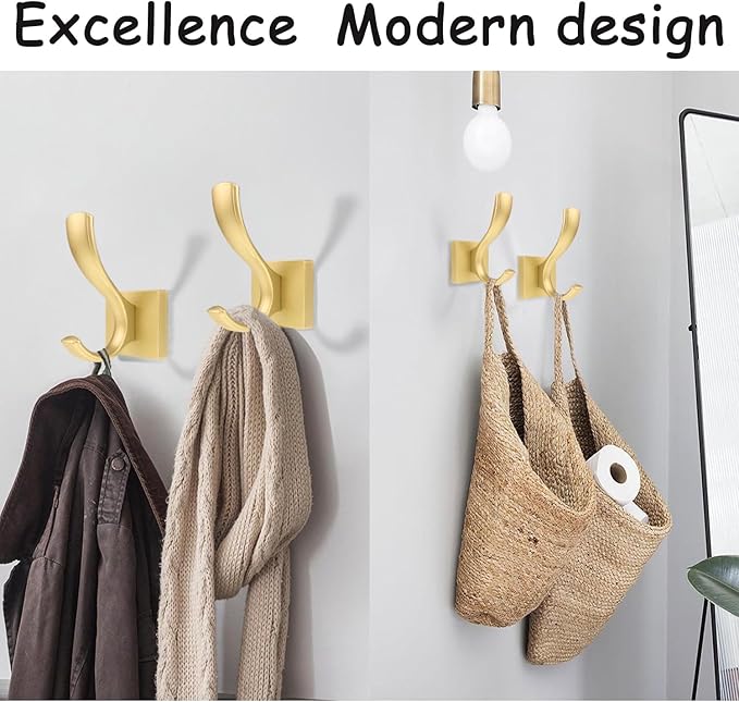 2 Pack Towel Holder for Bathroom Wall Hooks, Shower Bath Towel Rack Holder, Robe Hook Heavy Duty Coat Hooks Entryway Wall Mounted for Hanging Key Robe Hat Backpack (Golden)
