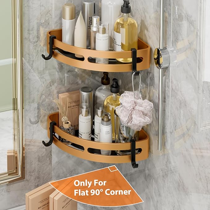 Adhesive Shower Corner Caddy,2-Pack Heavy Duty Shower Corner Shelves Rack with 8 Hooks and 1 Towel Bar,Rustproof Bathroom Organizer No Drilling Wall Mounted