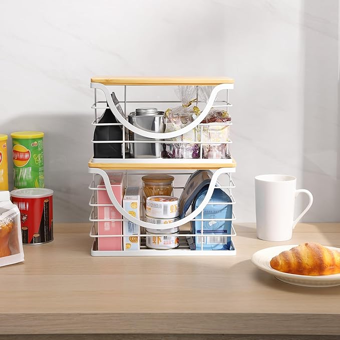 Extra Large Trash Bag Holder Stackable Kitchen Storage White, 2 Pack Wall Mounted Pantry Organizers and Storage with Bamboo Top, Garbage Bag Dispenser Under Sink for Laundry Room and Kitchen-NeatNest