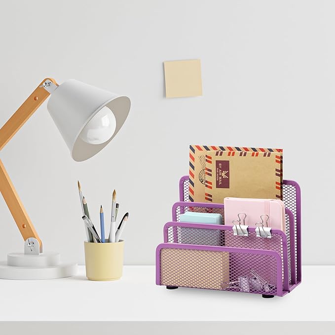 EASEPRES Desk Mail Organizer, Office Small Desktop Metal Mesh Envelope Letter Sorter Paper File Holder Organizer with 3 Vertical Upright Compartments, Purple 1 Pack