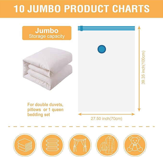 10 Jumbo Vacuum Storage Bags, Space Saver Bags Compression Storage Bags for Comforters and Blankets, Vacuum Sealer Bags for Clothes Storage, Hand Pump Included-NeatNest