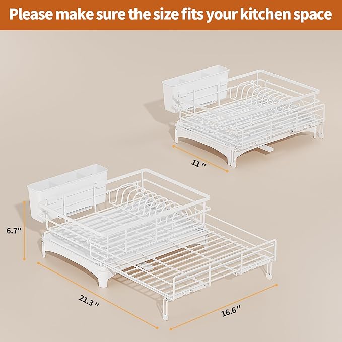 Dish Drying Rack - Expandable Rack, Large Capacity Dish Drainer for Kitchen Counter, Rust-Proof with Utensil Holder, White