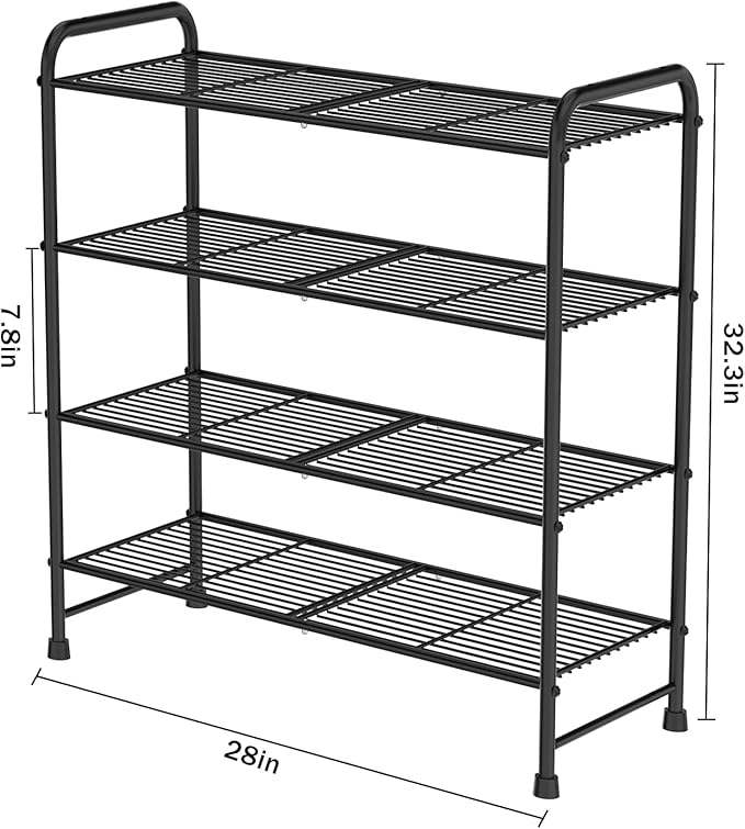 4-Tier Short Metal Shoe Rack,Extra Large Capacity Adjustable Stackable Shoe Organizer Shelf for Closet Entryway, Bedroom,Living Room, Floor,Hallway Shoe Shelf,Black 28" W × 32.3" H-NeatNest