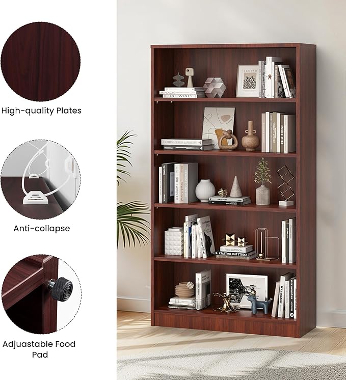 Farini 60 Inch Tall 5-Shelf Bookcase, Wood Bookshelf Storage Organizer Adjustable Shelf for Home Office, Study Room, Easy Assembly,Mahogany