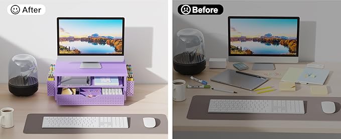 gianotter Wood Monitor Stand Riser, Desk Organizer with Drawer and 2 Pen Holders, 2-Tier Workspace Organizer for Office Supplies (Purple Wood)-NeatNest