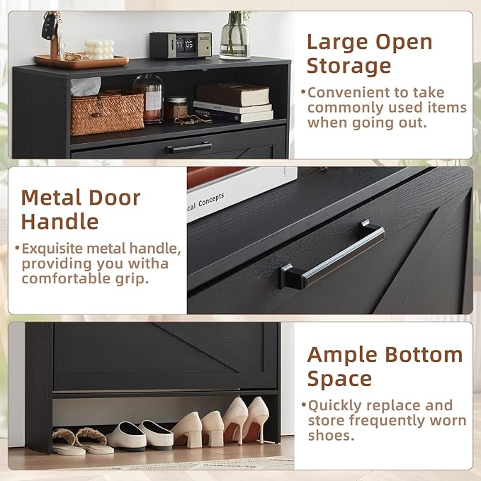 Shoe Storage Cabinet with 2 Flip Drawers,Farmhouse Narrow Shoe Organizer with Legs,Freestanding Hidden Slim Shoe Rack Cabinet with Open Storage for Entryway,Hallway, Foyer, Black-NeatNest