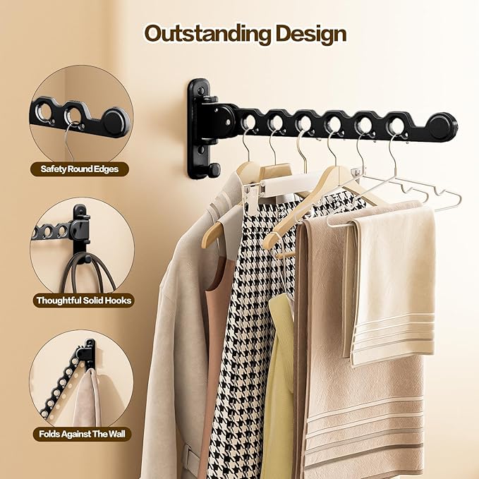 Wall Mounted Clothes Drying Rack, Laundry Clothes Hanger Rack Wall Mounted, Foldable Wall Clothes Rack for Laundry Room, Space Saving Closet Storage Organizer Clothes Hanger Indoor, 1pcs(Black)