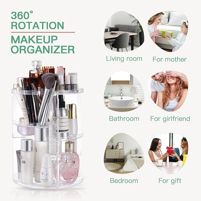 360 Rotating Makeup Organizer,DIY Adjustable Spinning Holder,Foldable Cosmetic Storage Display box,Large Capacity Make up Caddy Shelf,Fits Countertop Vanity and Bathroom (CLEAR)-NeatNest