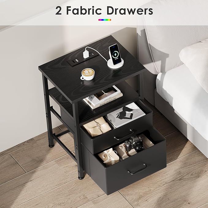 Black Nightstand with Charging Station, LED Night Stand with 2 Fabric Drawers, Side Table with Open Shelf, End Table with Outlets and USB Ports, 2 Drawer Dresser for Bedroom, Easy Assembly-NeatNest
