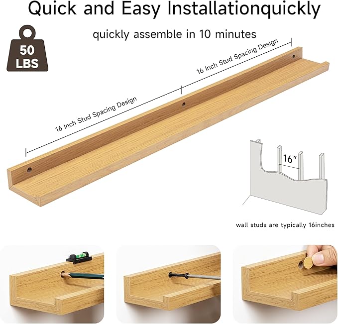 Fun Memories Picture Ledge Shelf, 36 Inch Floating Shelves Set of 2, Nursery Book Shelves for Toys Storage, Kids Bookshelf Wall Mounted for Wall Decor Books Photo Frames, Oak-NeatNest