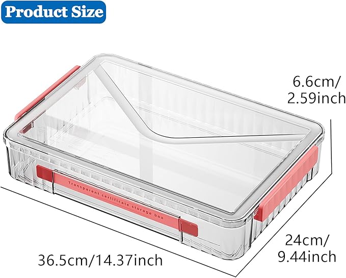 Lemical Clear File Box with Lids Portable Project Case for Storage A4 File Folder Box Stackable Storage Containers for Organizing 8.5 X 11 Paper, Magazines, Stamps, Photos, Cards (Red)