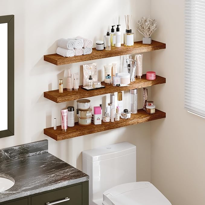 BAMEOS Floating Shelves, American Oak Wall Mounted Wooden Shelves with Invisible Brackets Set of 3, Hanging Wall Shelves Decoration for Bedroom, Bathroom, Living Room and Kitchen-NeatNest
