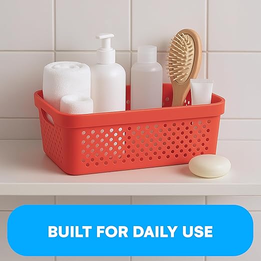 Bins & Things Plastic Storage Bin - Basket Organizer Bins - Suitable as Laundry Bin, Closet Basket, Book Shelf, Pantry Storage - Room Essentials - For Bathroom, Cabinet, & Kitchen - Set of 6 - Red-NeatNest