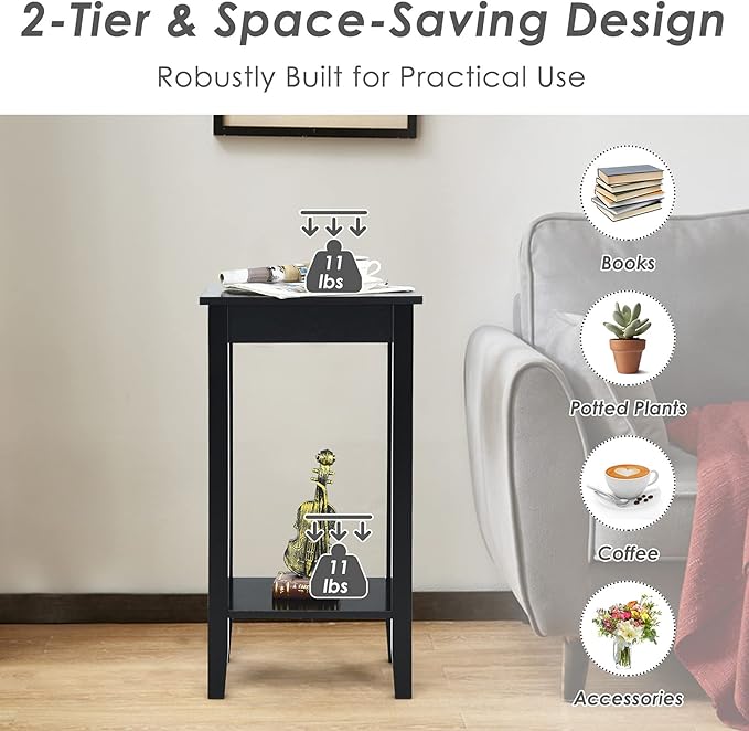 Giantex 2-Tier End Table Tall Nightstand, Simple Design Sofa Bedside Table with Versatile Shelf and Wooden Legs for Small Spaces, Living Room, Study, Bedroom, Narrow Telephone Table, Black