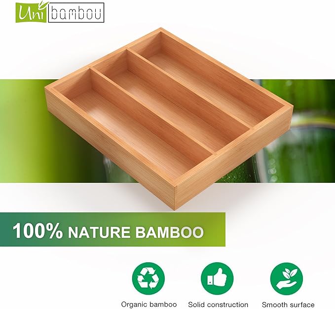 Bamboo Utensil Drawer Organizer, Silverware Tray Organizer, Kitchen Drawer Organizer for Flatware Cutlery, (Natural, 3 Slots)-NeatNest