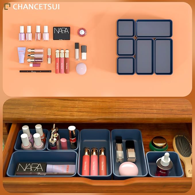 6 Pcs Stackable Drawer Organizer Set Desk Drawer Dividers, Bathroom Vanity Cosmetic Makeup Trays , Multipurpose Plastic Storage Bins for Jewelries, Kitchen Gadgets and Office Accessories, Blue-NeatNest