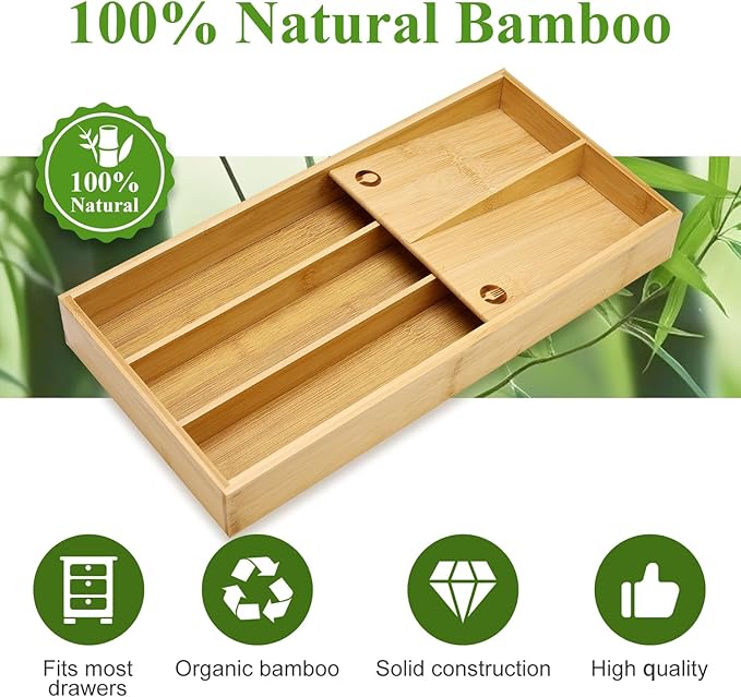 Bamboo Silverware Drawer Organizer Cutlery Tray for Drawer Wood Kitchen Utensil Tray Flatware Caddy Cutlery Holder Utensil Drawers Organizer for Spoon Fork Knives Wooden Silverware Trays-NeatNest