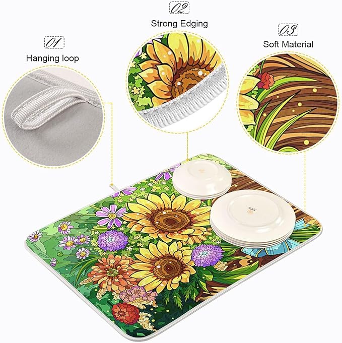 Absorbent Dish Drying Mat for Kitchen Counter - Sunflowers Microfiber Drying Pad, Reversible Drainer Mats for Countertop, Small 16" x 18"