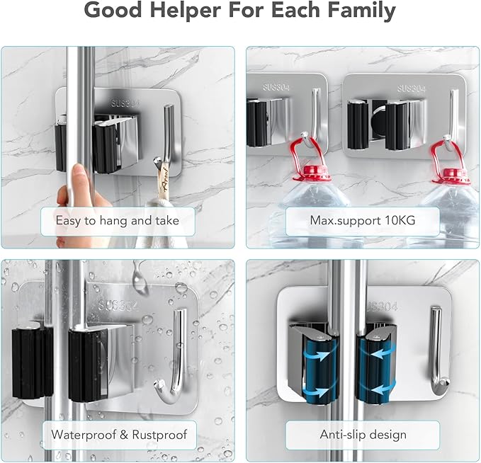 Mop Broom Holder No Drill, Mop Broom Organizer Wall Mounted Heavy Duty with Hooks Hanger, Self Adhesive Stainless Steel 4Pcs for Bathroom, Kitchen, Office (Silver)-NeatNest