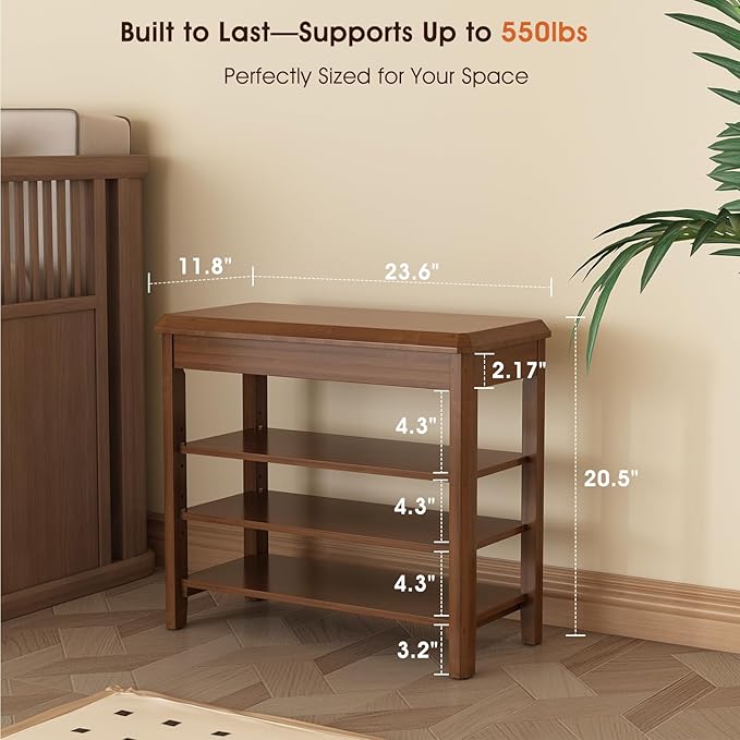 Shoe Rack Bench Seat Rubberwood 3-Tier Wooden Storage Bench 550lbs Compact Mid-Century Modern Design for Entryway, Hallway, Closet, Front Door Entrance, Foyer-NeatNest