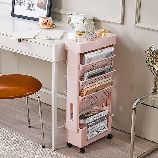 CINPIUK Pink Rolling Office Paper Organizer, Mobile Book Cart Document Folder File Storage with Pen Holder, Slim Rolling Storage Cart Movable Bookshelf for Office, Dorm, Classroom, Nursery-NeatNest