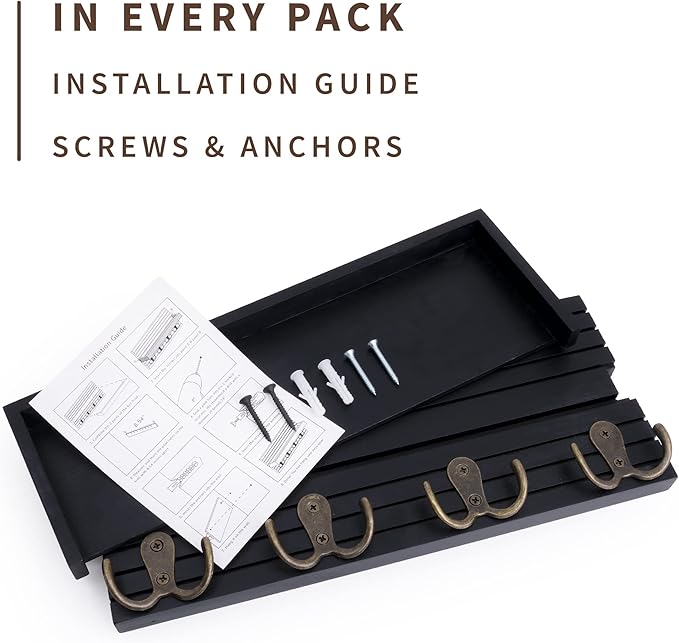 Black Wooden Key Holder - Wall Mounted Mail Organizer and Key Hanger - Modern Farmhouse Entryway Shelf with 4 Double Brass Hooks - Decorative Rack for Car Keys, Wallet-NeatNest