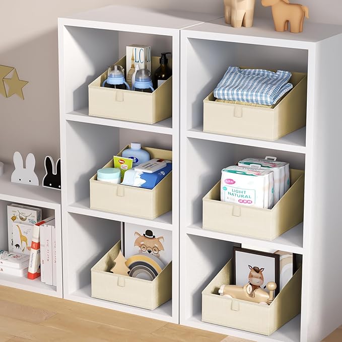 DIMJ Clothing Organizer Storage Boxes - 6 Packs Fabric Traprzoid Storage Bakskets, Fabric Bins for Closet with Front Handle, Closet Cubes Organizer for Parents Renters Students RV Owners (Beige)-NeatNest