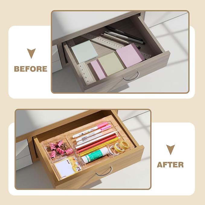 Acrylic Clear Desk Drawer Organizer 6 Section 11 x 6.1 x 1.38 Inch Storage Tray Organizer for Pens, Stationery, Desktop, Office, Bathroom, Kitchen, Makeup Supplies