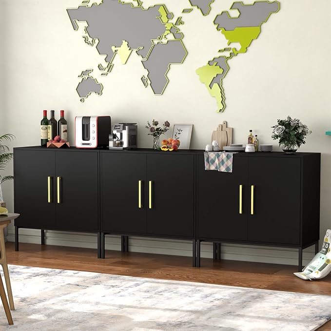 JOZZBY Buffet Sideboard Cabinet with Storage, Modern Wooden Cabinet with Adjustable Shelves, Black and Gold Cabinets for Living Room, Kitchen, Hallway, Set of 3