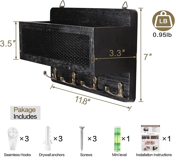 ADIIL Mail and Key Holder for Wall Decorative, Wooden Wall Mount Key Rack Hanger Organizer with 4 Double Key Hooks, Rustic Home Decor for Entryway Hallway, Black