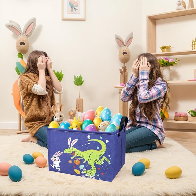 Dinosaur Easter Basket for Kid Large Empty Baby Rectangular Cute Easter Gift Storage Basket Bunny Eggs Décor (Dinosaur Rabbit)-NeatNest