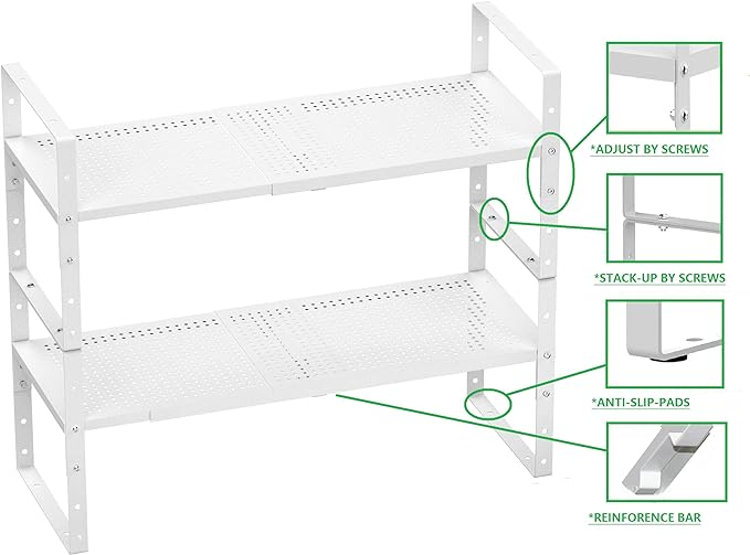 Expandable Spice Rack, Stackable Metal Pantry Storage Shelves Stand, Adjustable Height Cabinet Shelf Organizer Racks(3PACKS/WHITE,MEDIUM)