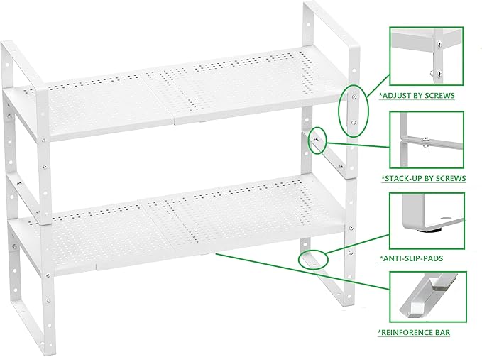 Expandable Spice Rack, Stackable Metal Pantry Storage Shelves Stand, Adjustable Height Cabinet Shelf Organizer Racks(1PACK/WHITE,MEDIUM)