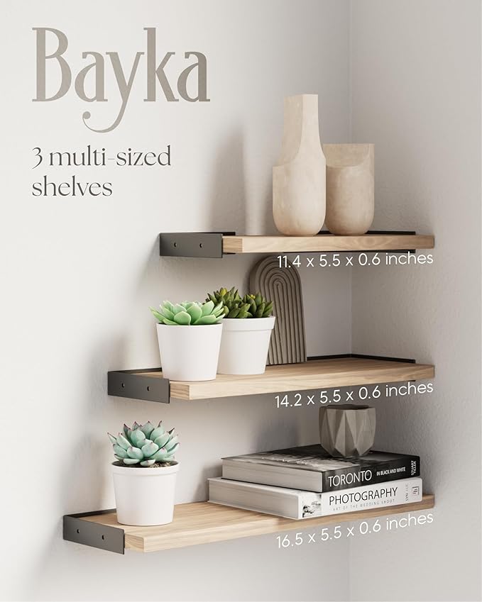 BAYKA Wall Shelves for Bedroom Decor, Floating Wall Shelves for Living Room Kitchen Storage, Wall Mounted Rustic Wood Floating Shelves for Kids Books, Corner Shelves for Bathroom(Brown,Set of 3)-NeatNest
