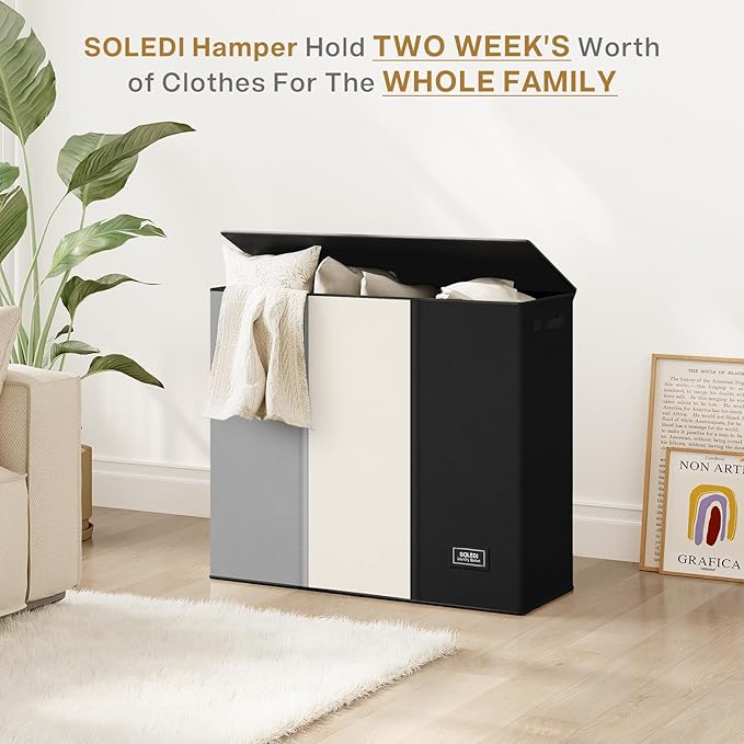 SOLEDI Laundry Hamper 3 Section with Lid and 3 Pcs Laundry Bag, Large Hamper 3 Compartment 180L, Basket Sorter for Bedroom Blanket Storage-NeatNest
