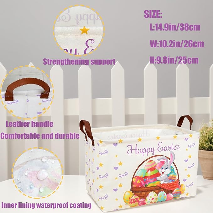 Easter Basket for Kid Large Empty Baby Rectangular Cute Easter Gift Storage Basket Bunny Eggs Décor (Rabbit Purple Bow Tie)-NeatNest