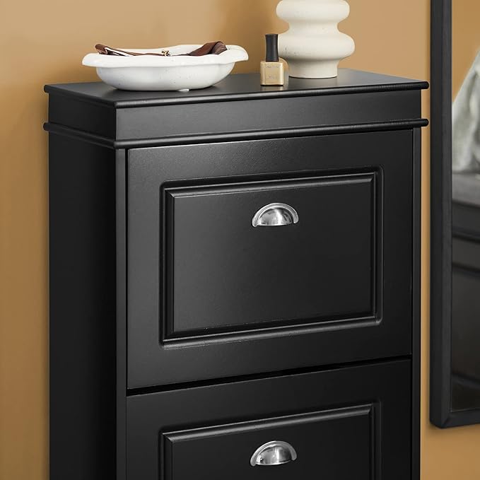 SoBuy Small Shoe Cabinet, Slim Shoe Rack 2 Flip-Drawers, Thin Shoe Storage Cupboard Organizer Unit for Entryway and Hallway, Black FSR78-SCH-NeatNest