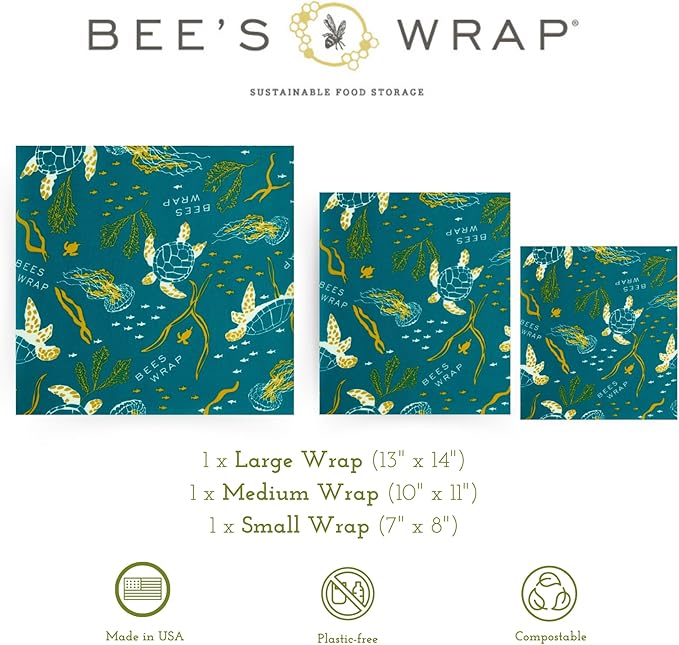 Bee's Wrap Beeswax Wraps for Food - Ocean 3 Pack (S, M, L) Made in USA Reusable & Organic Food Wraps, Sandwich Wrap & Bowl Covers - Eco-Friendly Alternative to Aluminum Foil & Plastic Wrap-NeatNest