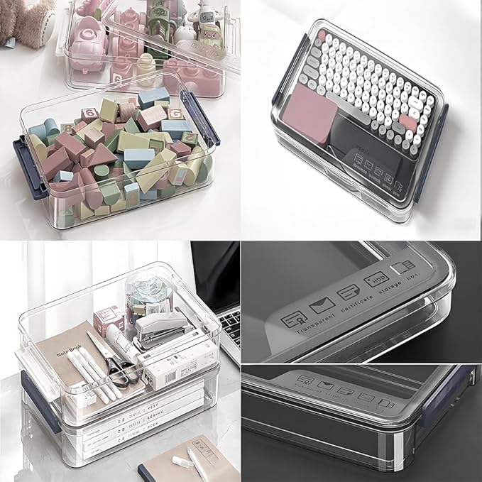 2 Pcs 5.5qt 9 x 13 Plastic Portable Project Case With Snap-Tight Latch, Clear Stackable Storage Boxes Organizer for A4 Files, Photos, Scrapbooks, Art Supplies(Blue Latch, Small)