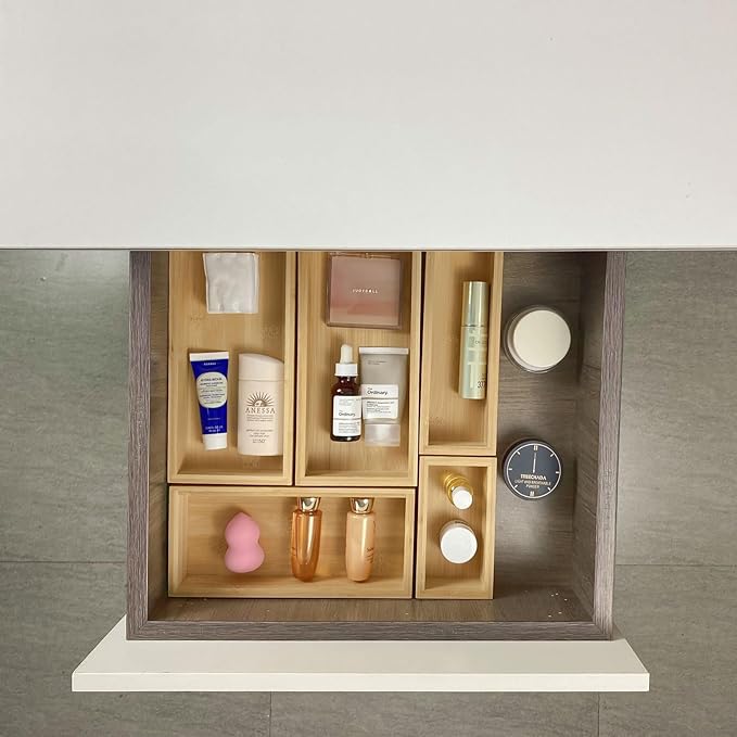 bamboo drawer organizer Set,expandable drawer dividers,wooden storage organizers,large trays for kitchen, bathroom,flatware,Tea Bag Organizer (2 X 5PCS Natural)-NeatNest