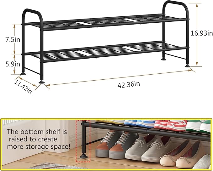LINZINAR Shoe Rack 2 Tier Storage Organizer for Closet Entryway Metal Black-NeatNest
