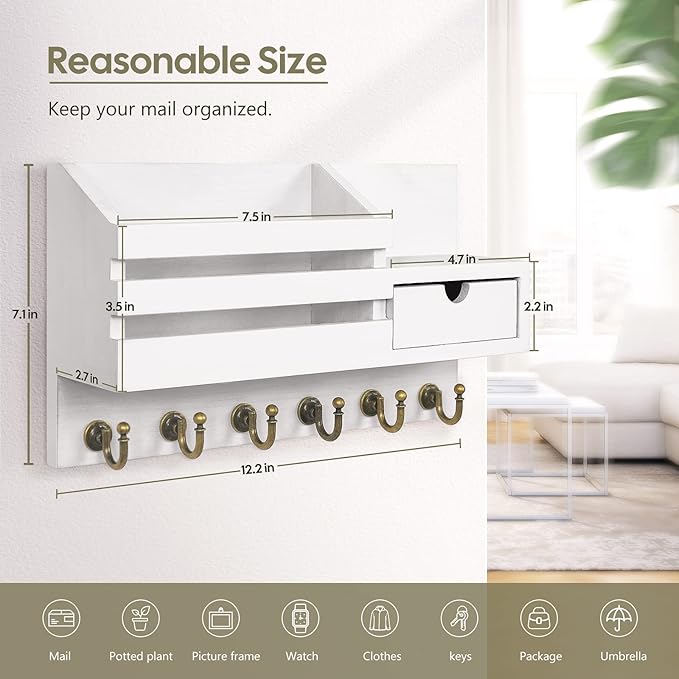 FifthQuarter Key and Mail Holder for Wall, Mail Organizer Wall Mount with 6 Hooks and Storage Drawer, Easy Installation Key Rack for Entryway and Home Decor (A-White)