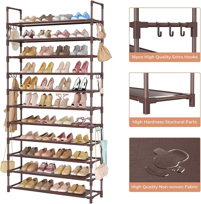 11 Tiers Tall Shoe Rack Holds 55 Pairs of Shoes with 18pcs Hooks Sturdy Wide Shoe Organizer Storage Free Standing Metal Shoe Shelf for Closet, Entryway Brown-NeatNest